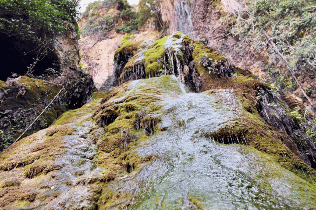 Víz csorog a Kremiotis vízesés mohos szikláin a Kritou Terra túraútvonalon